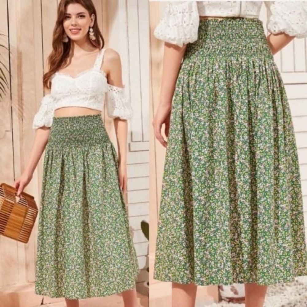 Scoop NYC Floral Smocked Waist Flowy Green Floral MIDI Skirt XS (0-2) - Picture 1 of 6